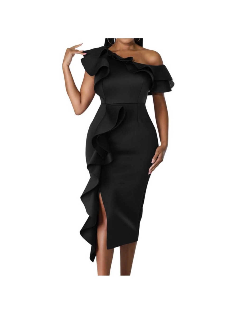 Bodycon one Shoulder Black Ruffle Dress